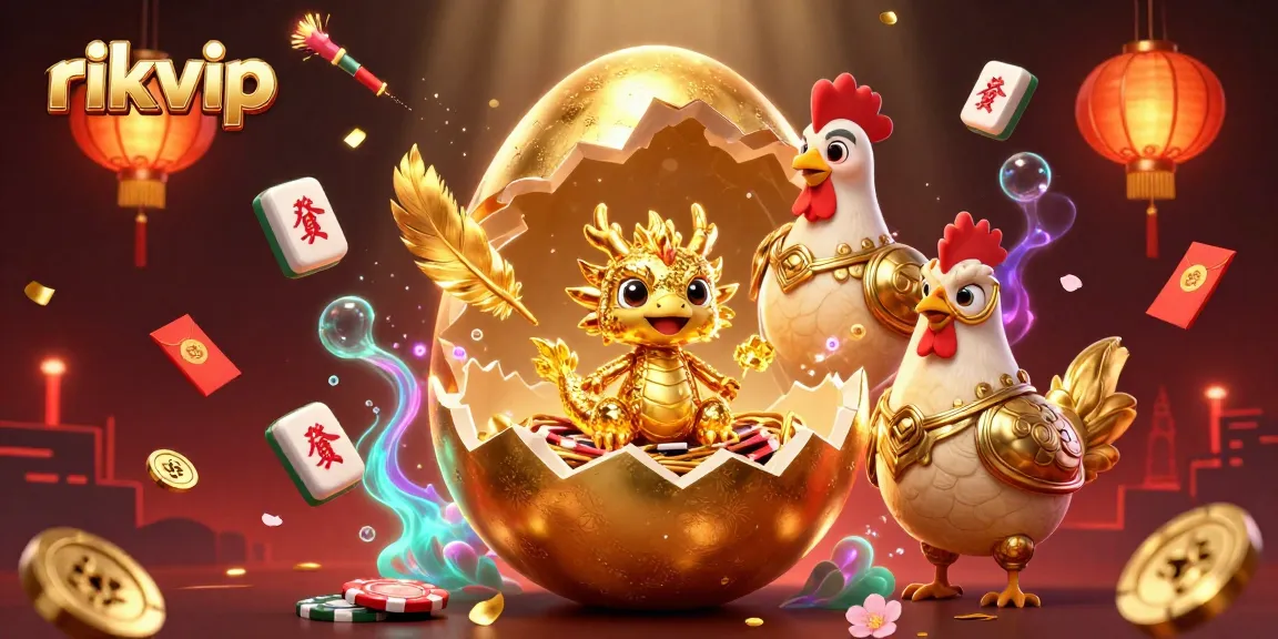 Experience thrilling moments at rikvip with a golden dragon, poker chips, and vibrant colors.