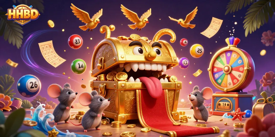 Engage with the HHBD treasures in this vibrant casino scene filled with colorful lottery elements and magical energy.