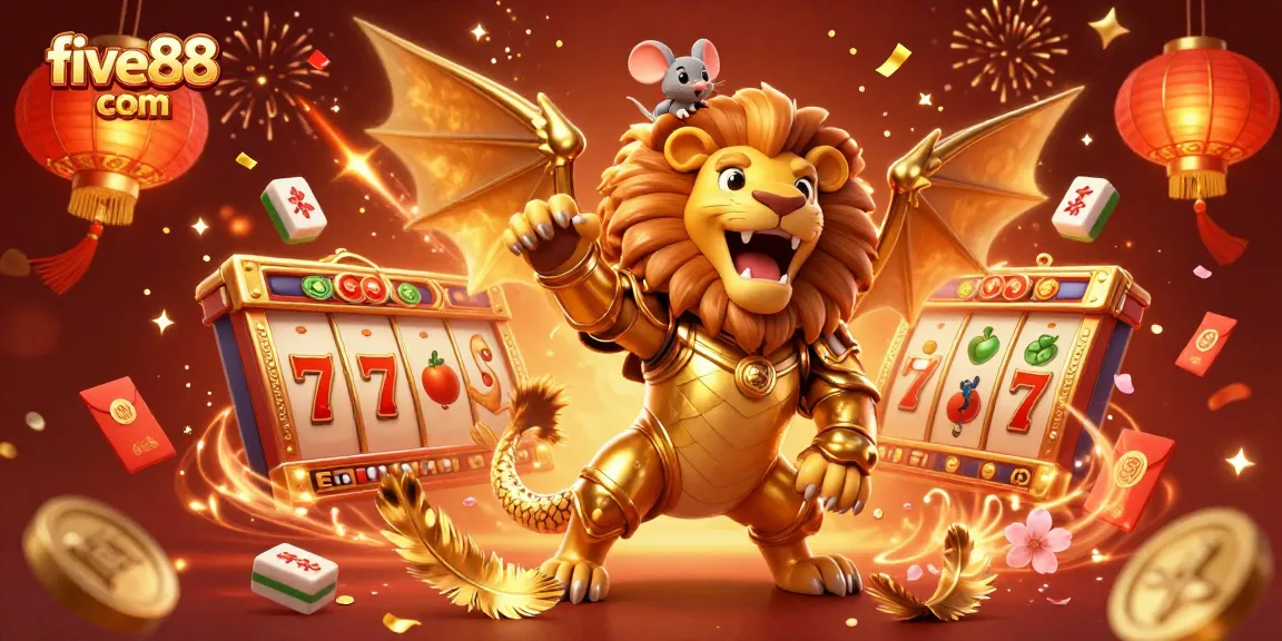 Experience thrilling gameplay at five88 com with an epic casino scene featuring a golden chimera and dynamic slot elements.