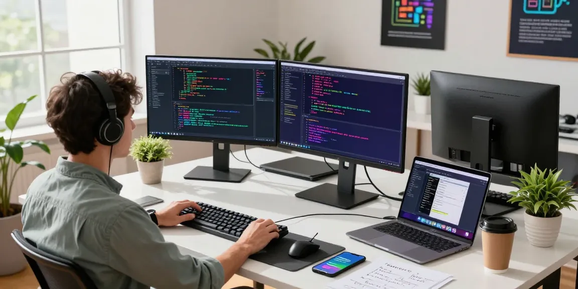 teiegramin.com developer workspace with dual monitors, coffee, and tech decor