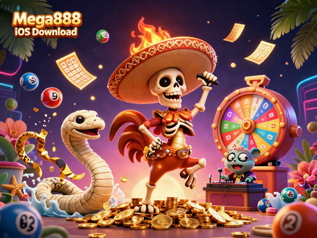 Mega888 iOS Download showcases an exciting gaming scene with colorful dynamic elements for players to enjoy.