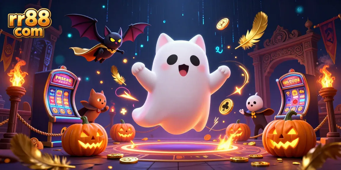 Engage in thrilling moments at rr88 com with a cartoon ghost cat in a haunted casino setting.