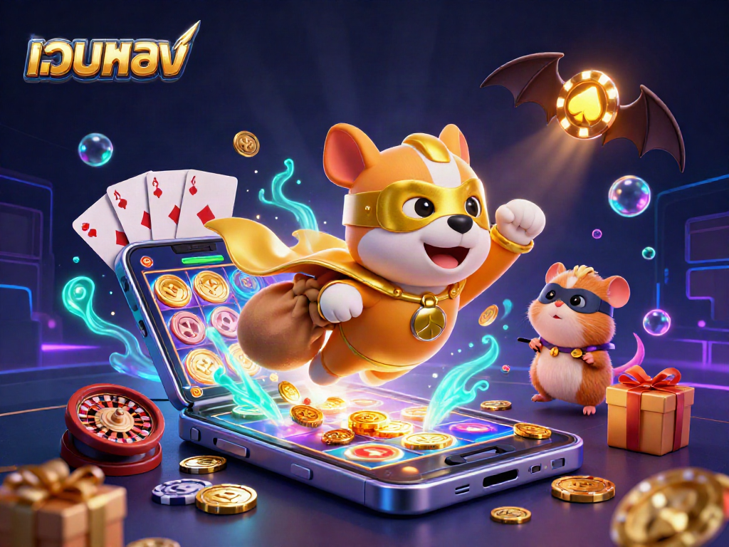 Experience thrilling wins with เว็บตรง while a superhero dog flies with gold and slot games all around.
