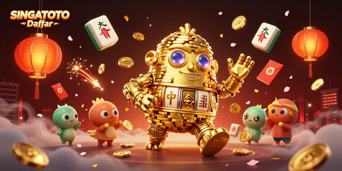 SINGATOTO Daftar menampilkan golem emas berputar dikelilingi simbol keberuntungan dan bahan permainan