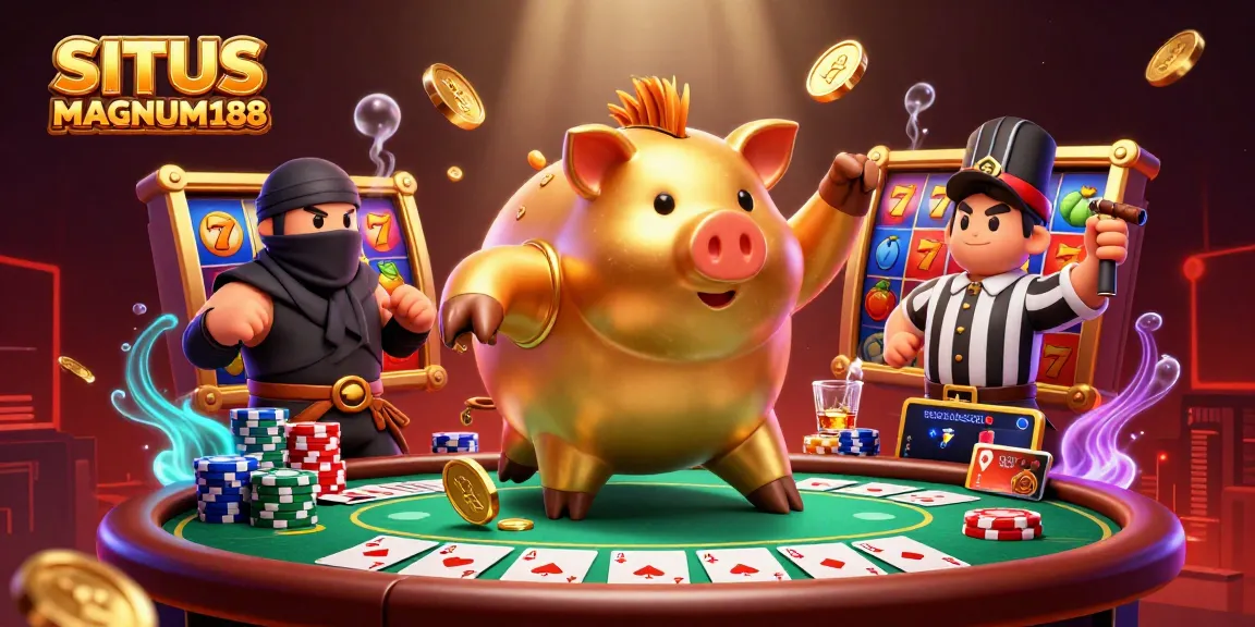 SITUS MAGNUM188 showcases a golden piggy bank sumo wrestler in a dynamic casino scene filled with vibrant slot reels and poker chips.