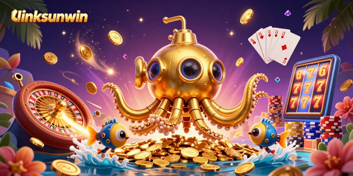 Engage with linksunwin's thrilling casino adventure in an energetic golden kraken scene.