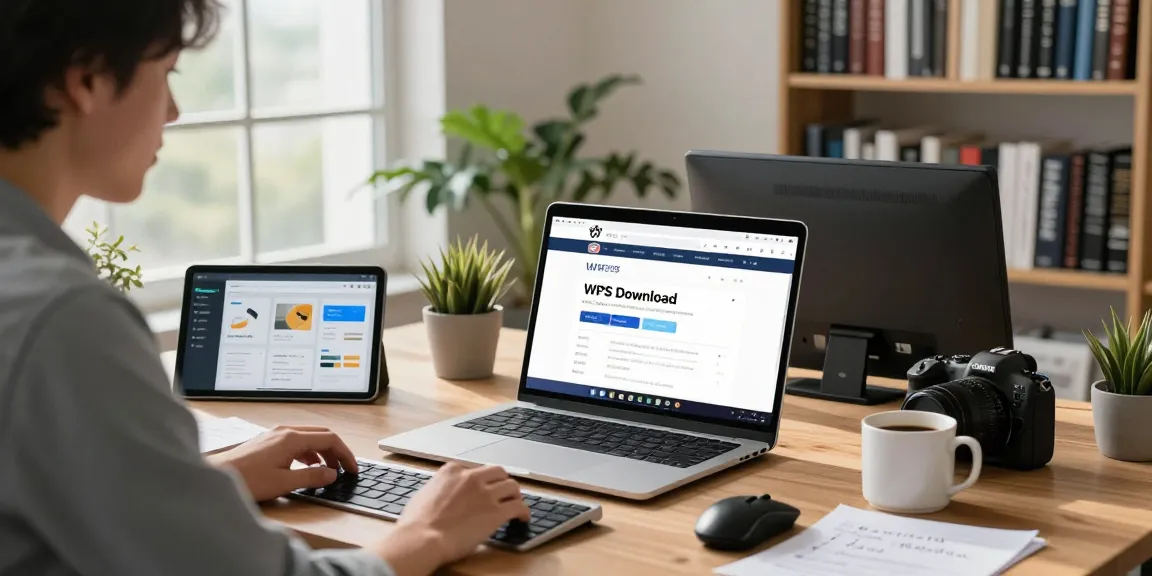 WPS Download page displayed on a laptop in a modern workspace, showcasing productivity tools and coding atmosphere.