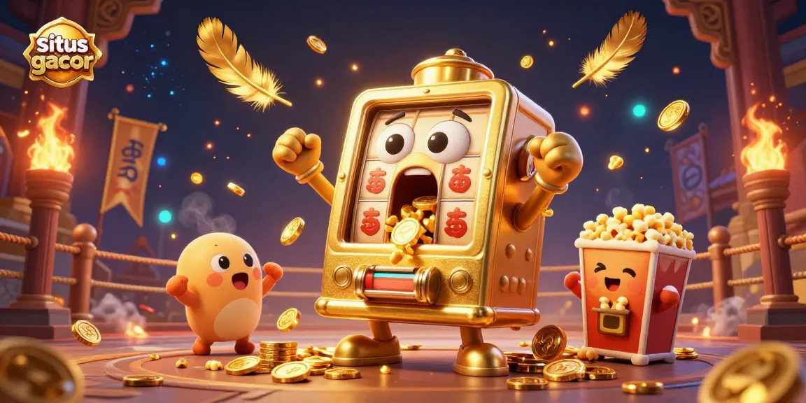 situs gacor illustrates a joyful golden slot machine winning a jackpot amidst cheers and celebrations.