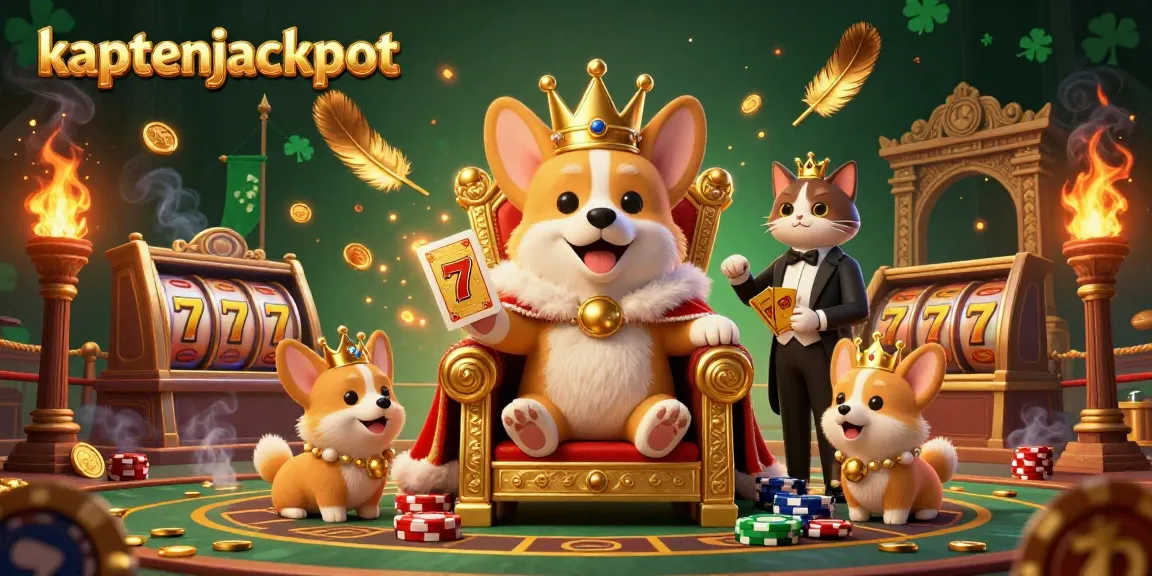 Experience the excitement of kaptenjackpot in a lively casino scene with corgis and golden elements.