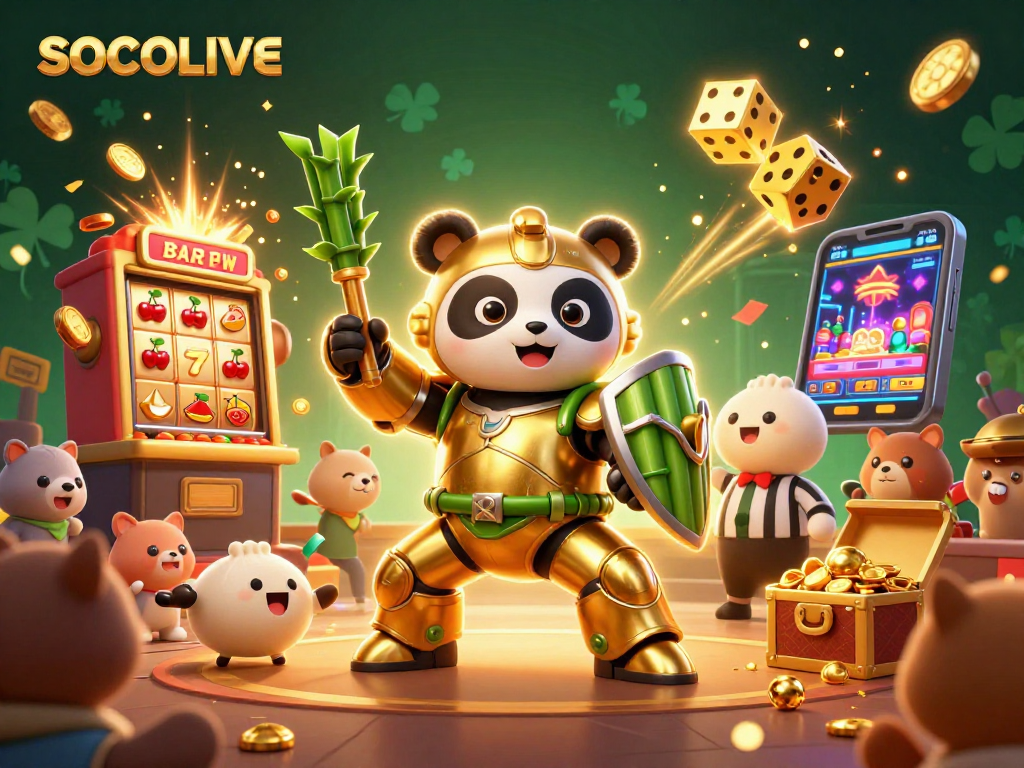 SOCOLIVE showcases an exciting scene of a golden panda in mech-suit battling amidst a vibrant casino backdrop.
