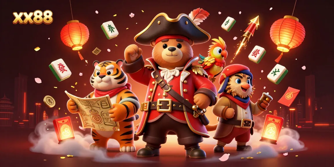 Experience thrilling adventures at xx88 with festive gaming elements amid colorful characters.
