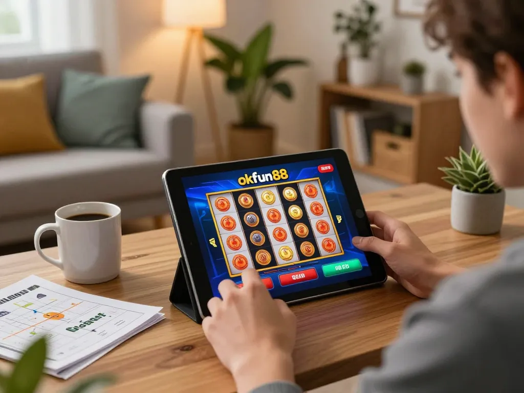 Engaging with okfun88 casino app while enjoying comfortable home gaming experience.