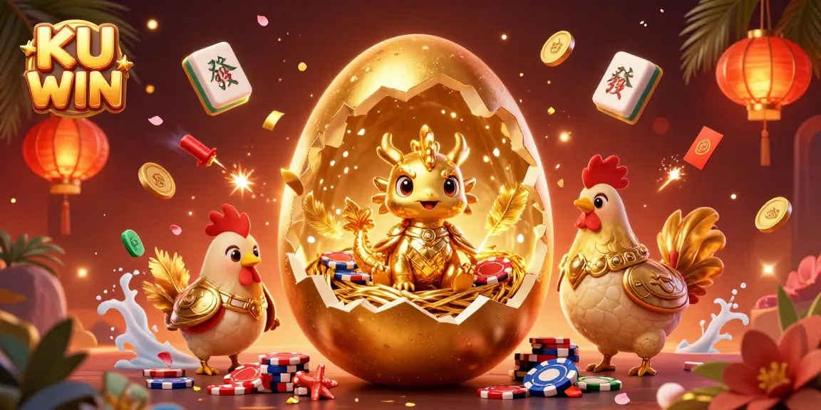 Experience the excitement of winning at KU WIN with a baby dragon and golden poker chips amidst dynamic casino elements.