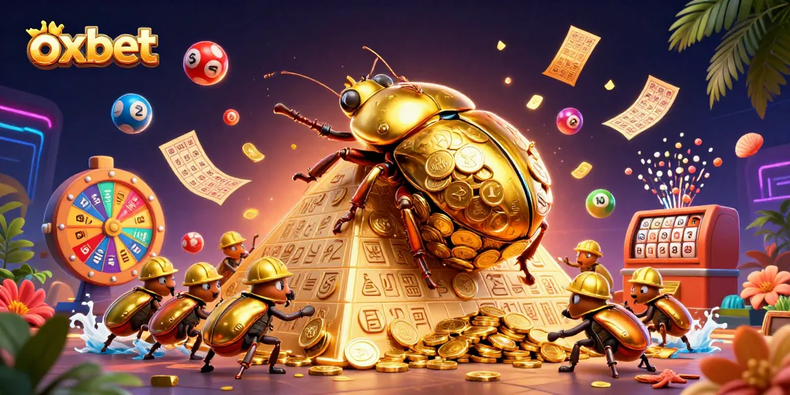 Experience the exciting oxbet scene with a golden dung beetle and vibrant lottery elements.