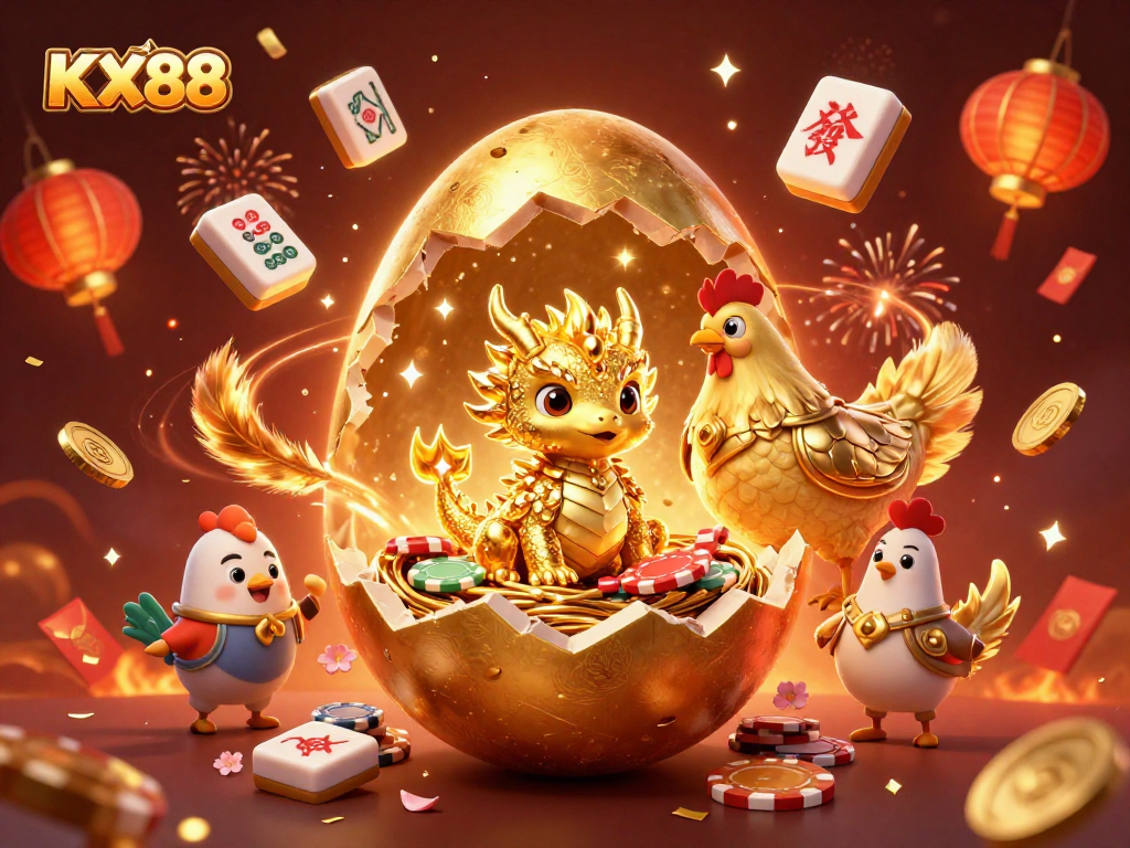 Experience excitement with KX88 in this vibrant 3D illustration showcasing a baby dragon and golden gaming elements.