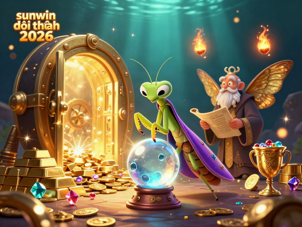 Experience sunwin đổi thưởng 2026 with a vibrant 3D illustration featuring mystical characters and treasure