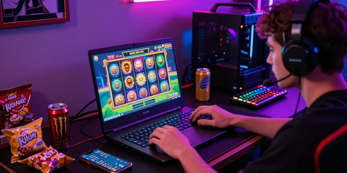 Seorang gamer terlibat dalam permainan slot LUXURY777 dengan laptop, headset, dan minuman energi di meja gaming yang terang.