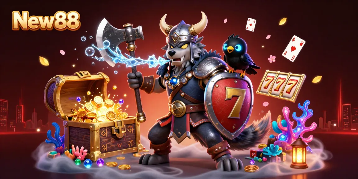 Experience thrilling action at New88 with a dynamic 3D illustration showcasing an adventurous casino spirit.
