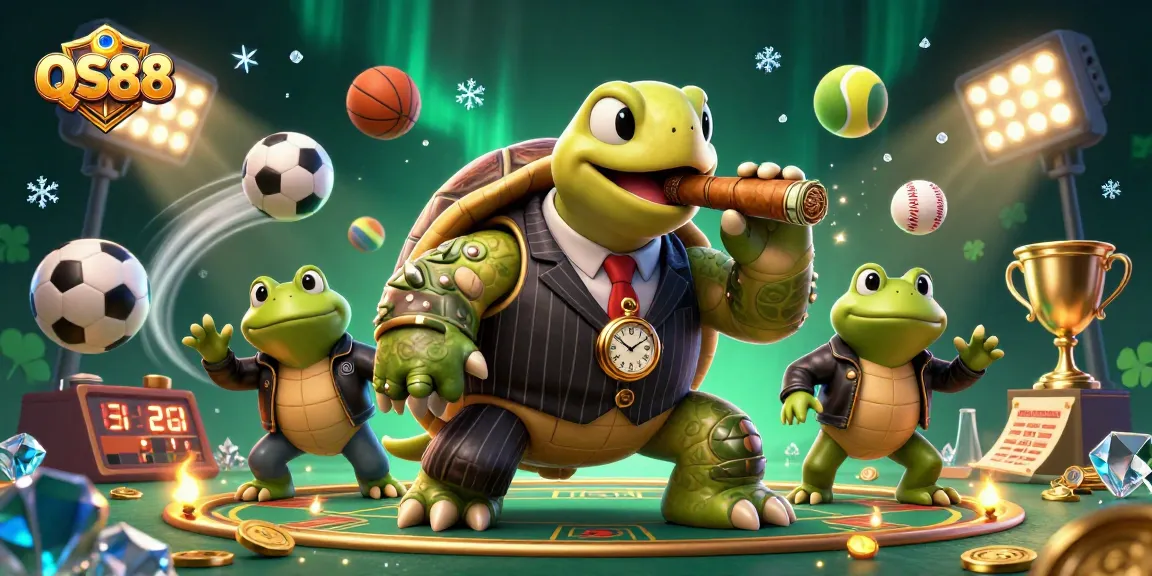 Win big with QS88's vibrant casino experience featuring a cartoon turtle in a vintage suit.