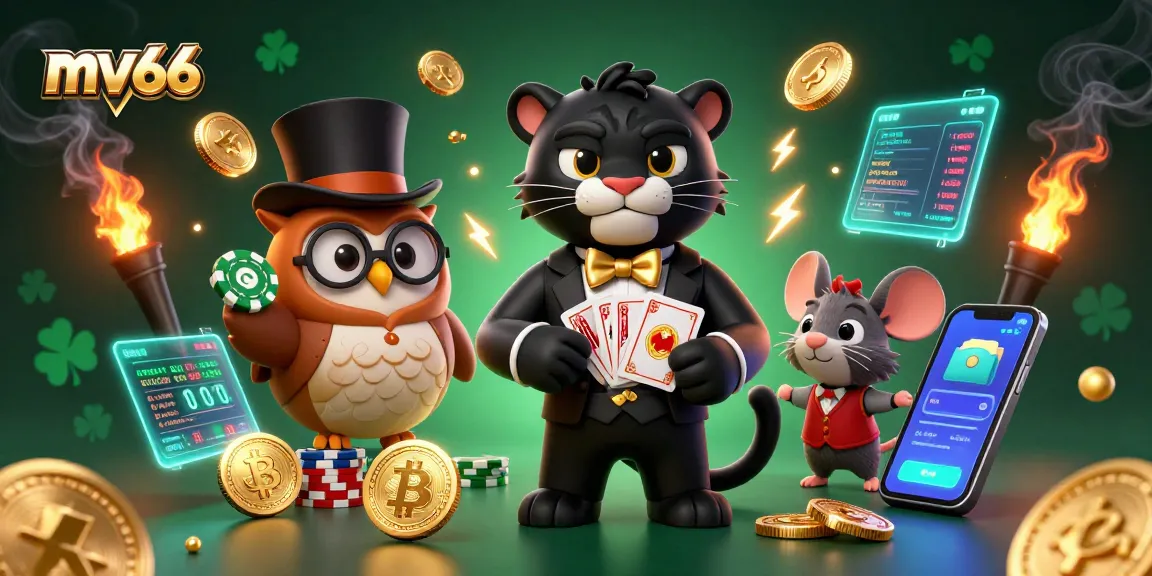 Betting with style at mv66, showcasing a 3D cartoon panther dealing cards surrounded by vibrant casino elements.