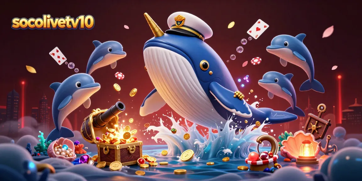 Socolivetv10 showcases a vibrant 3D illustration of a whale and dolphins celebrating big wins in a sea of coins.