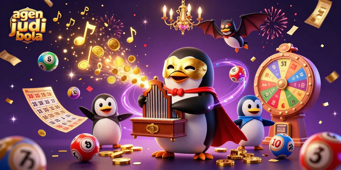 Experience thrilling action with agen judi bola, as the penguin plays the organ while golden coins and colorful balls fill the scene.