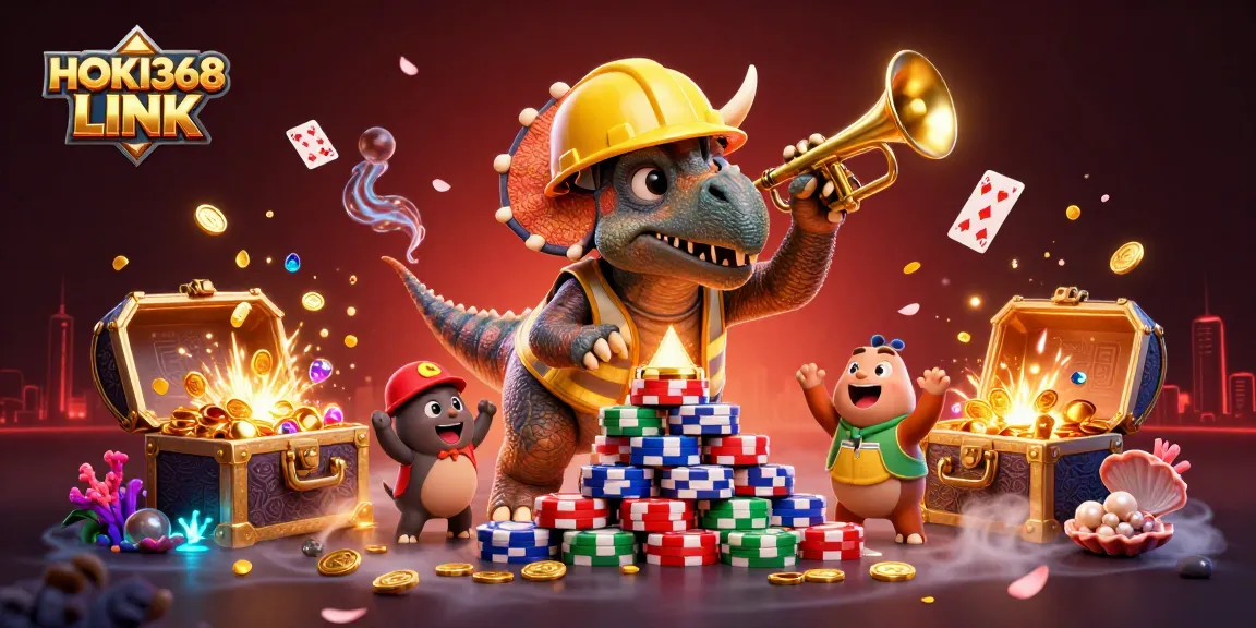 Experience the thrill of gambling with HOKI368 LINK in this vibrant, dynamic illustration packed with action.