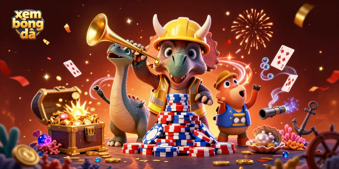 Bet on xem bóng đá with a fun 3D scene featuring triceratops building poker chips and celebrating.