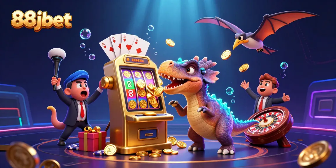 88jbet captures a dynamic casino scene with a cartoon dinosaur headbutting a slot machine, coins flying everywhere.