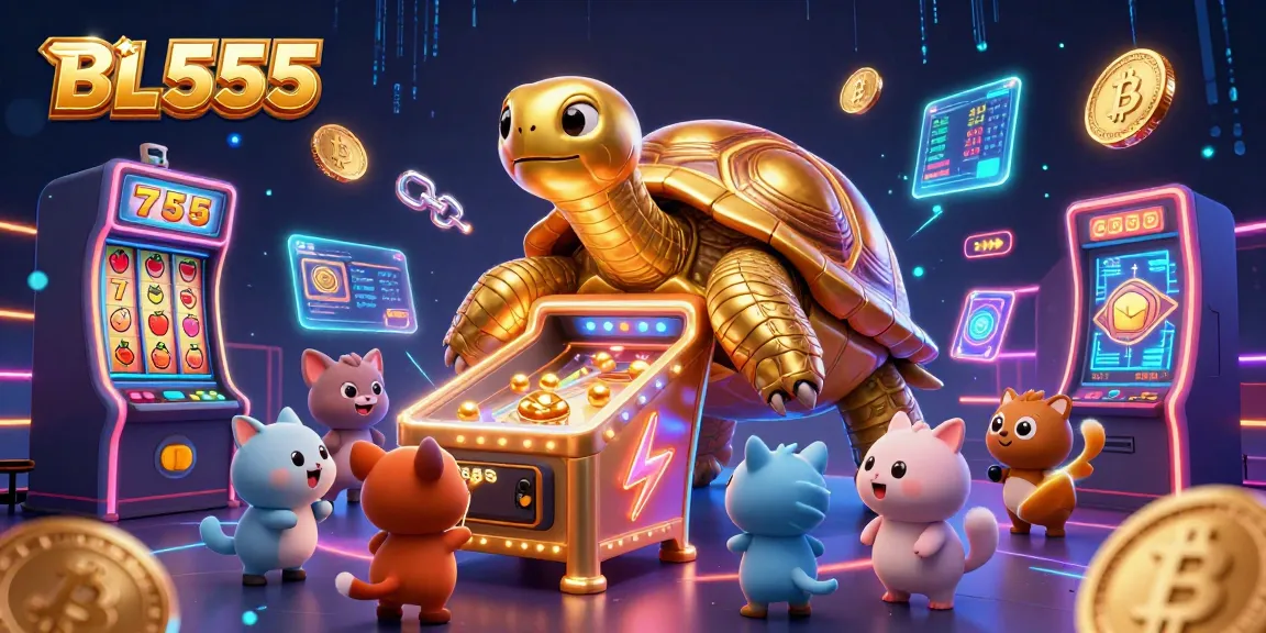 Engage with BL555's dynamic gaming scene featuring a golden tortoise and vibrant casino elements.