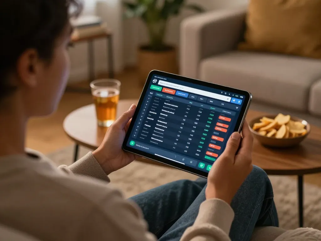 Engaging in sports betting using qq8827 app on tablet in cozy living room.