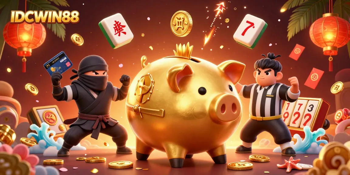 Experience thrilling gameplay with IDCWIN88 as the golden piggy bank sumo wrestler conquers the casino scene.