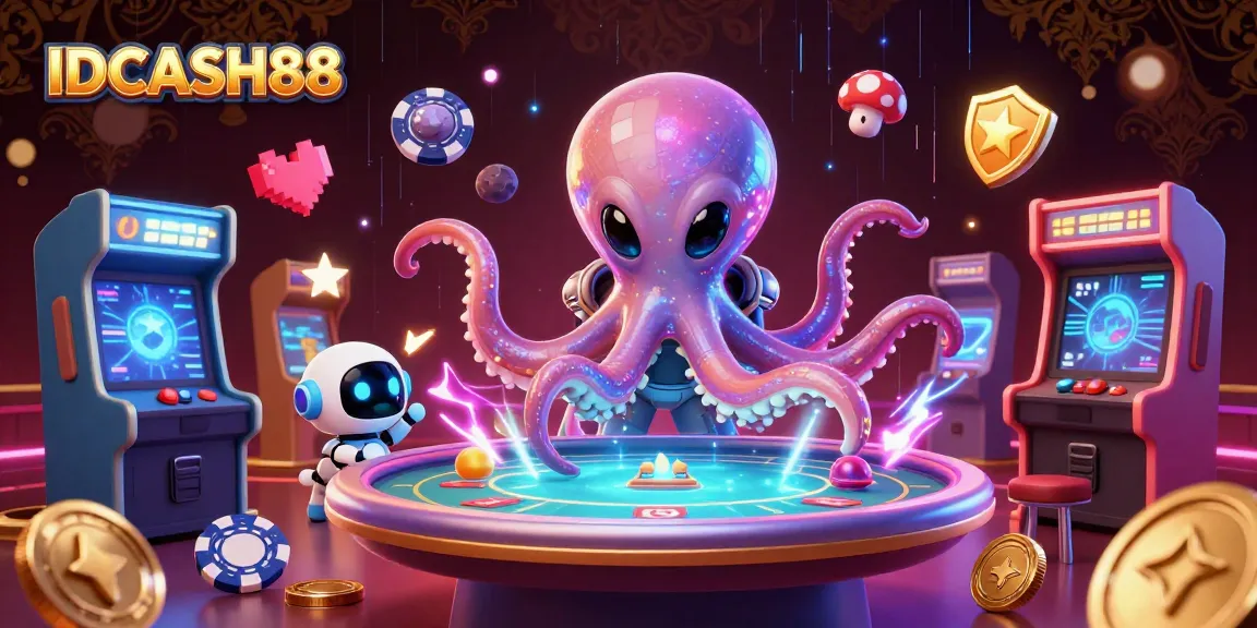 Experience IDCASH88 with a vibrant 3D casino scene featuring an alien octopus and holographic poker table.