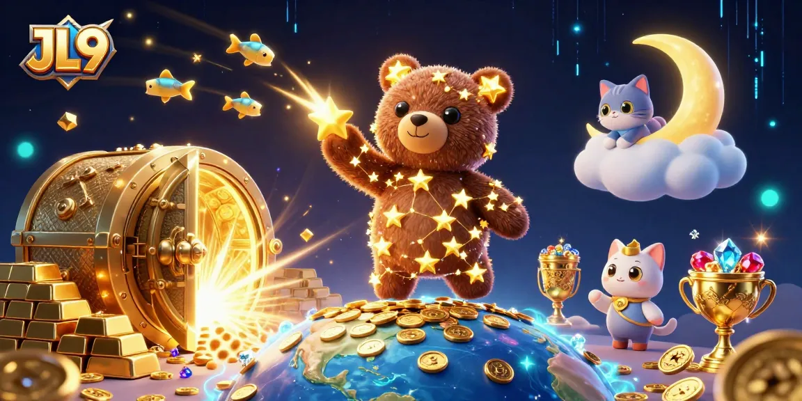 Experience thrilling wins at JL9 with a dazzling 3D casino illustration showcasing cosmic characters and gold rewards.