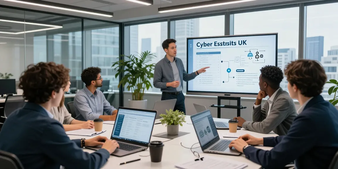 Cyber Essentials UK certification strategy discussion in a modern office with IT specialists around a conference table.