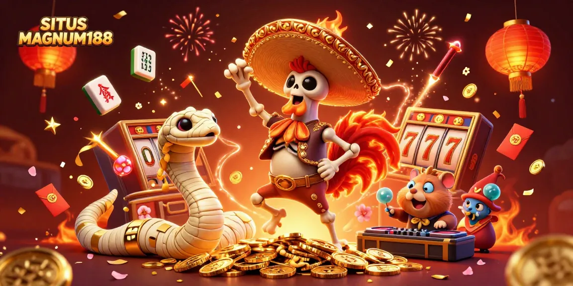 SITUS MAGNUM188 showcases a vibrant scene with a mariachi skeleton celebrating among slot machines and festive decorations.