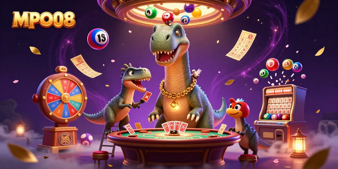 MPO08 features a vibrant casino atmosphere with a giant brontosaurus overseeing a lively poker game.