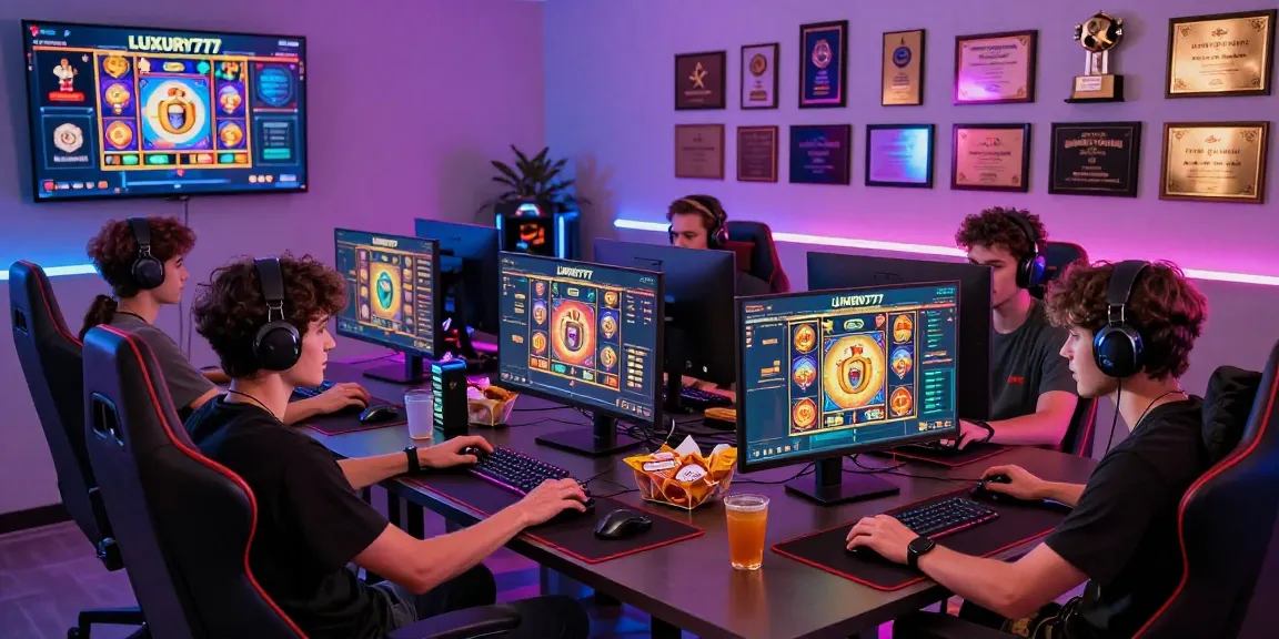 Teman-teman asyik bermain di platform LUXURY777 dengan suasana gaming yang ceria dan modern.
