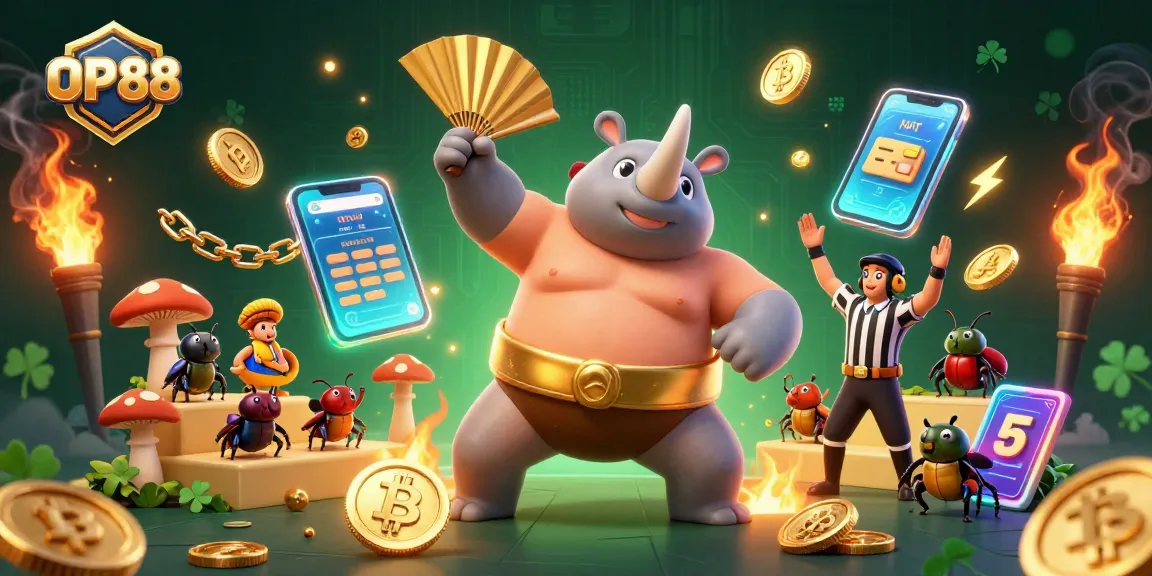 Engage with OP88's exciting gaming scene featuring lively sumo beetles and cryptocurrency motifs.