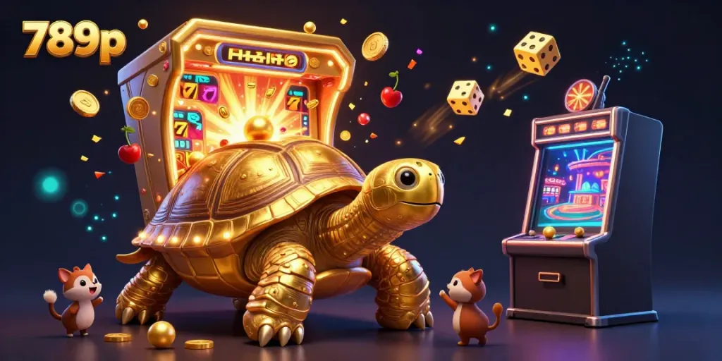 Experience vibrant casino excitement with the playful characters and dazzling slot machine in 789p-themed illustration.