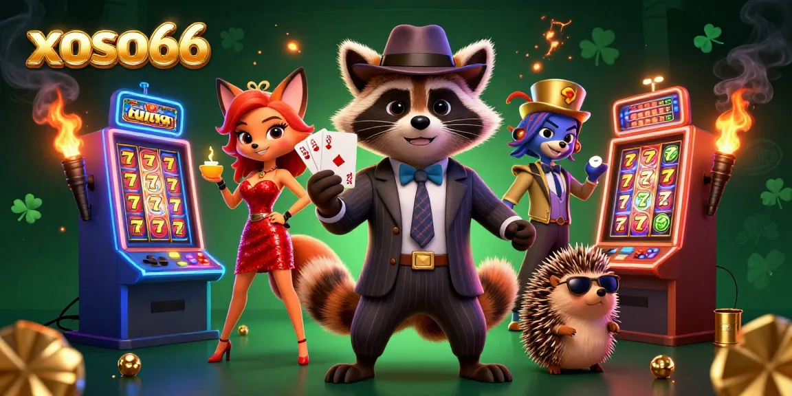 xoso66 delivers exhilarating slot action with a suave raccoon and friends, showcasing lively casino elements.