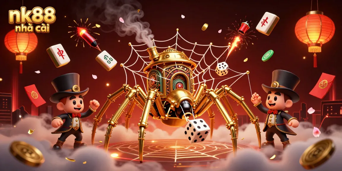 Engage with nk88 nhà cái's vibrant casino world filled with golden elements and animated characters.