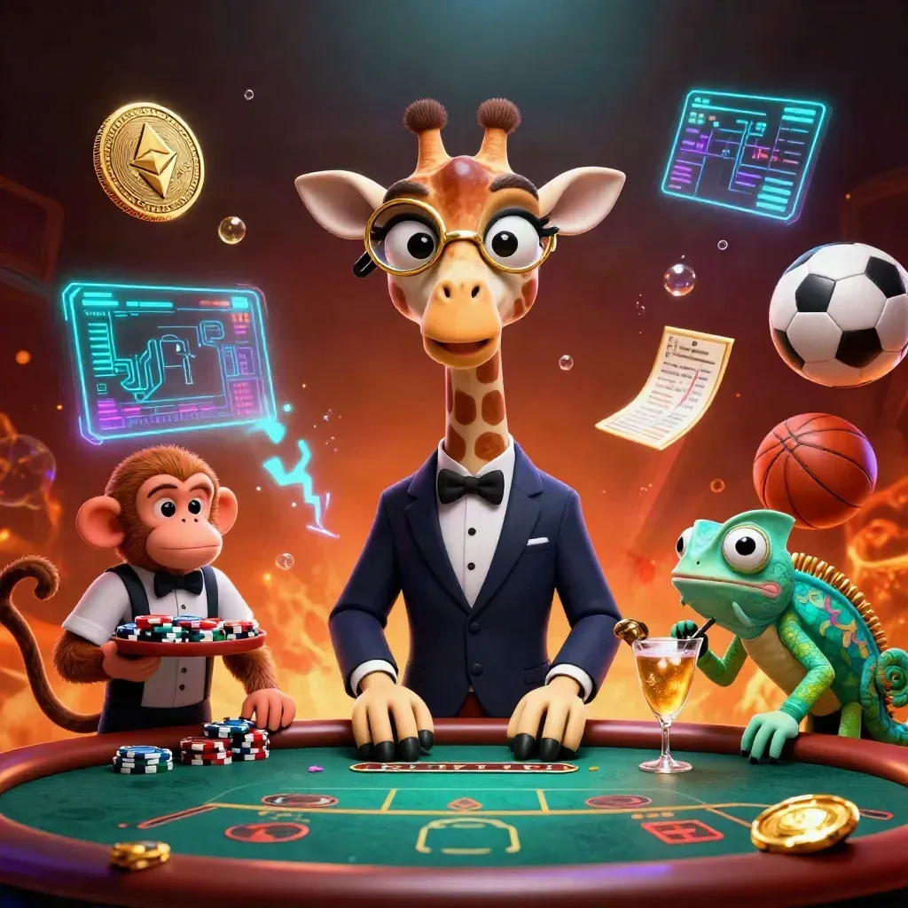 Giraffe, monkey, and chameleon at a poker table amid coins, balls, and neon casino glow