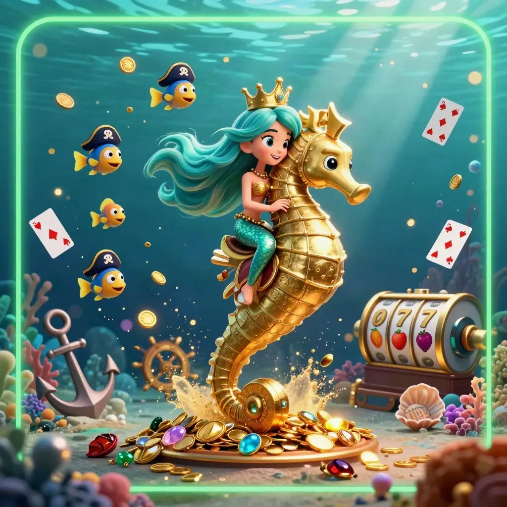 Mermaid princess rides an armored seahorse through a treasure cove with fish, coins, cards and glowing coral.