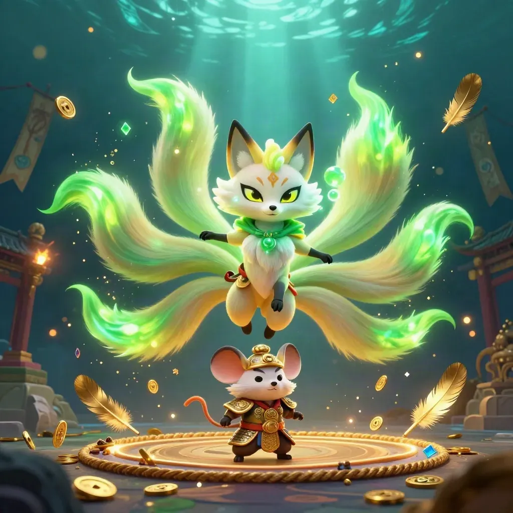 Neon fox spirit and armored mouse amid treasure, temple gate, and underwater light rays