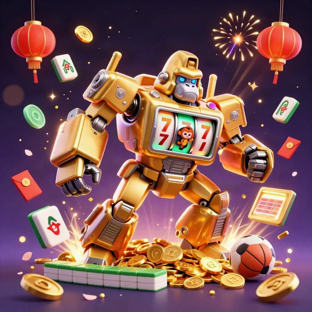 Golden gorilla mech with monkey pilot amid coins, lanterns, fireworks, and sports betting symbols.