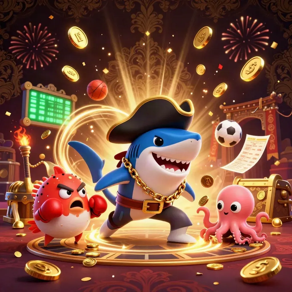 Pirate shark, pufferfish boxer, and coin-juggling octopus amid casino treasure and fireworks.
