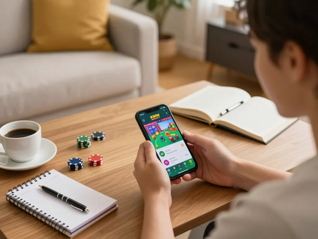 Engaged player using KWIN casino app on smartphone for online gambling experience