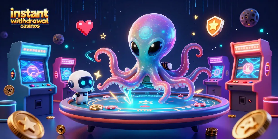Experience instant withdrawal casinos with an alien octopus at a holographic poker table surrounded by game elements.