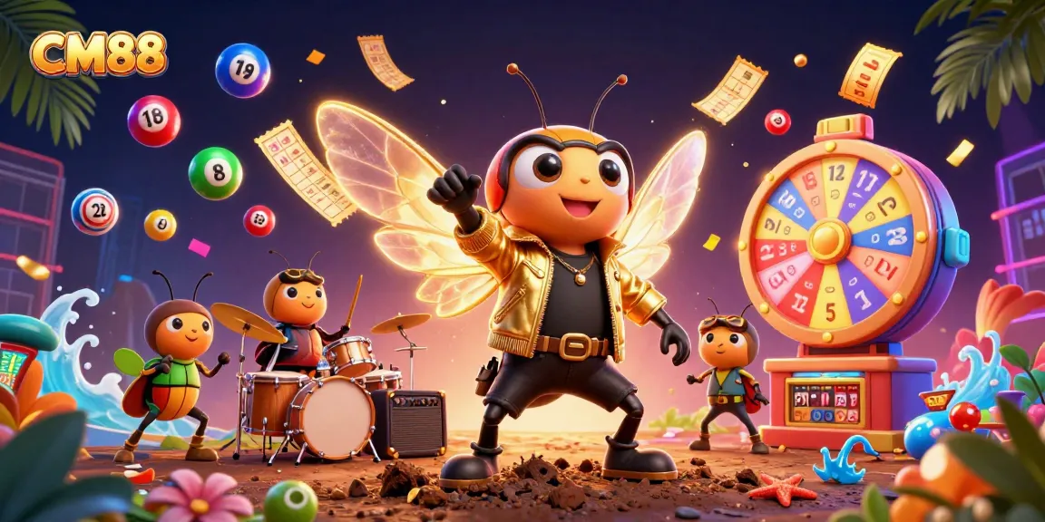 Experience vibrant excitement at CM88 with a dynamic illustration of casino fun featuring animated characters and lucky game elements.